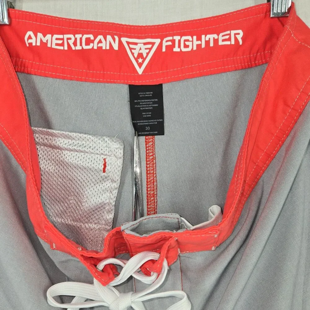 American Fighter Board Shorts MMA Gray Red Mens Size 30 Fight Athletic Surf Swim